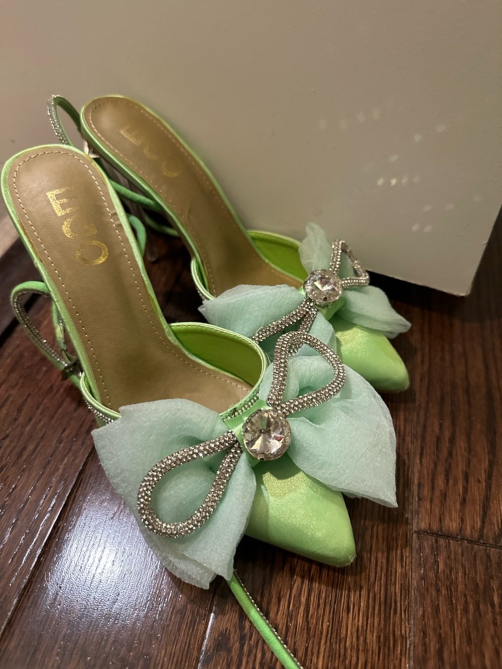 EGO Lime Green Satin Bow Slingback Heels